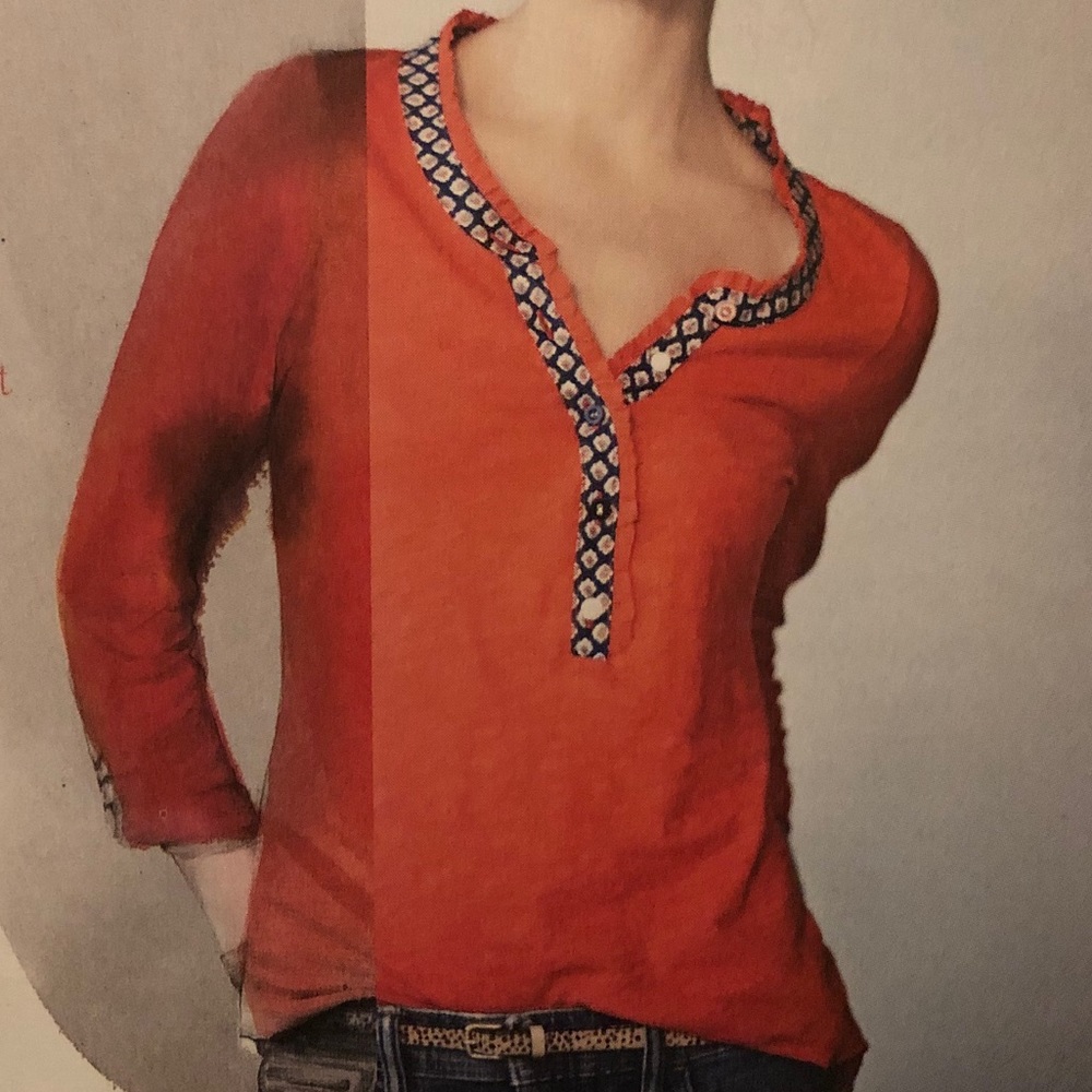 Anthro Top-French Floral Trim Orange Henley